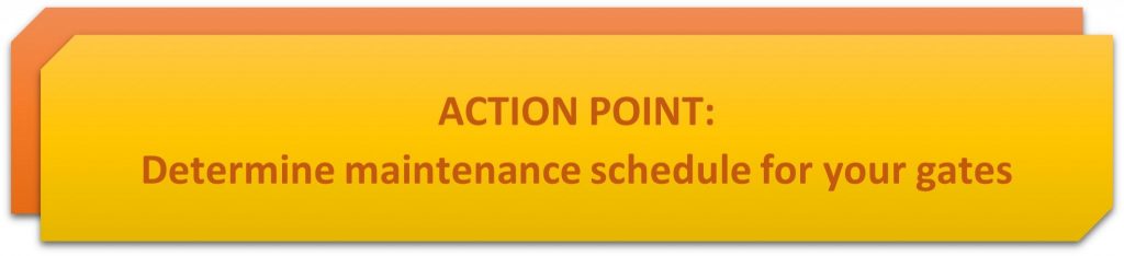 action point 1 determine automatic gate maintenance schedule interval